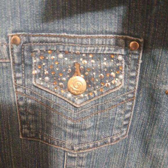 Womens 1xl Laura Ashley Blue Stretch Denim Jacket Embellished Western See Pics - Picture 3 of 11